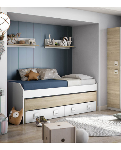 Cama nido Tomy con estantes – Doble cama y almacenaje práctico