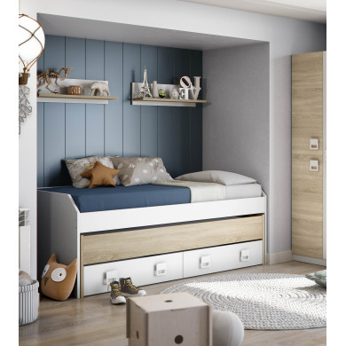 Cama nido Tomy con estantes – Doble cama y almacenaje práctico